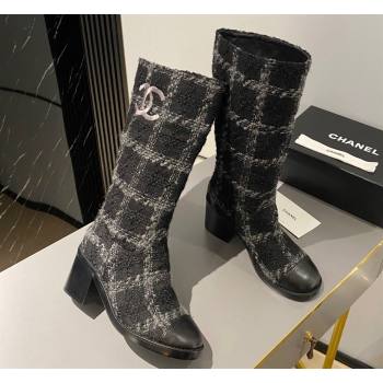 Chanel Heel 6.5cm CC Logo High Boots Tweed Check Gray 2024 (modeng-23120612)
