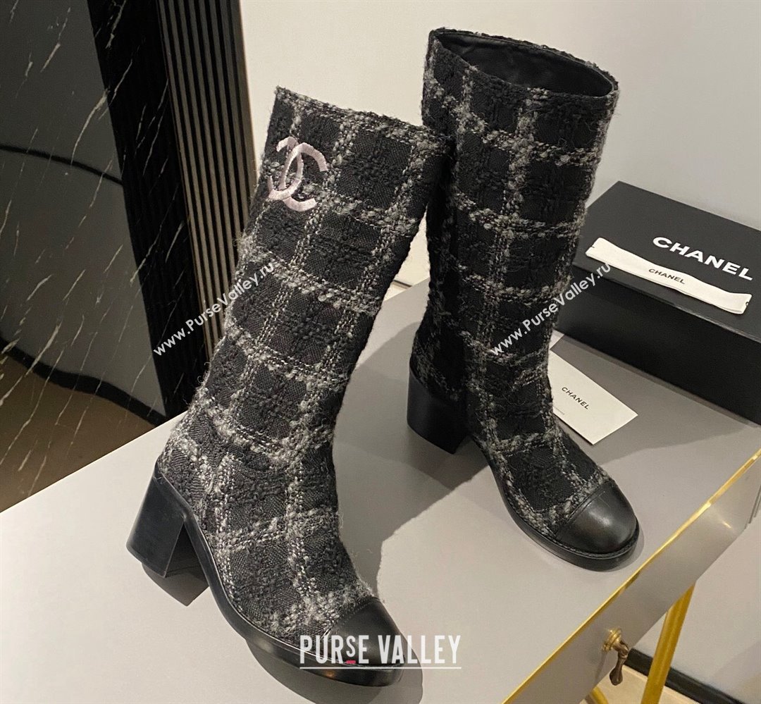 Chanel Heel 6.5cm CC Logo High Boots Tweed Check Gray 2024 (modeng-23120612)