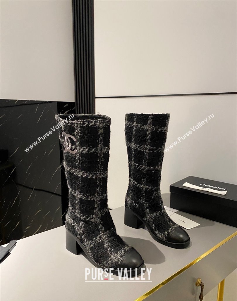 Chanel Heel 6.5cm CC Logo High Boots Tweed Check Gray 2024 (modeng-23120612)