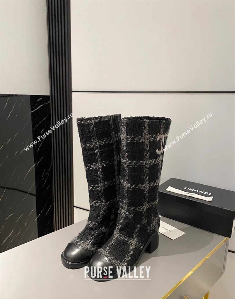 Chanel Heel 6.5cm CC Logo High Boots Tweed Check Gray 2024 (modeng-23120612)
