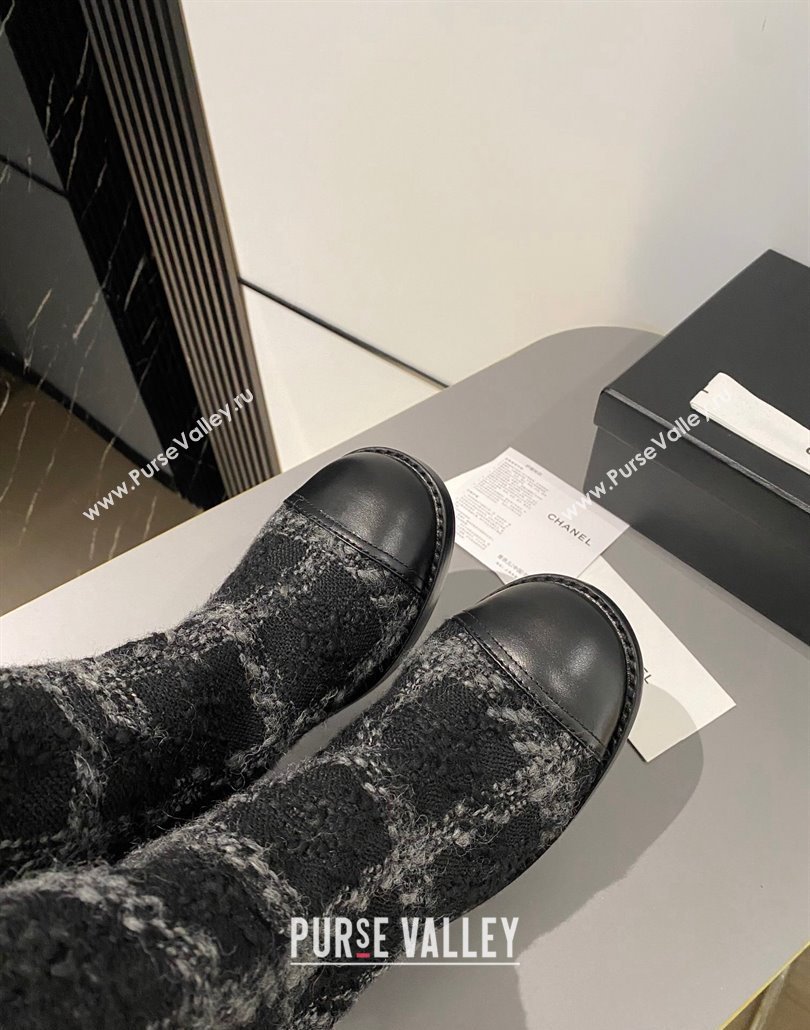 Chanel Heel 6.5cm CC Logo High Boots Tweed Check Gray 2024 (modeng-23120612)