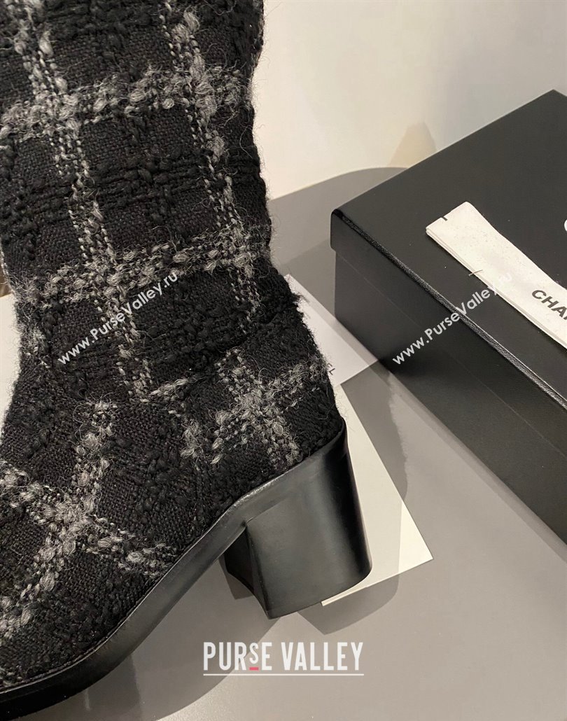 Chanel Heel 6.5cm CC Logo High Boots Tweed Check Gray 2024 (modeng-23120612)
