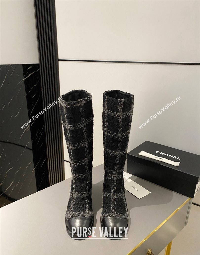 Chanel Heel 6.5cm CC Logo High Boots Tweed Check Gray 2024 (modeng-23120612)