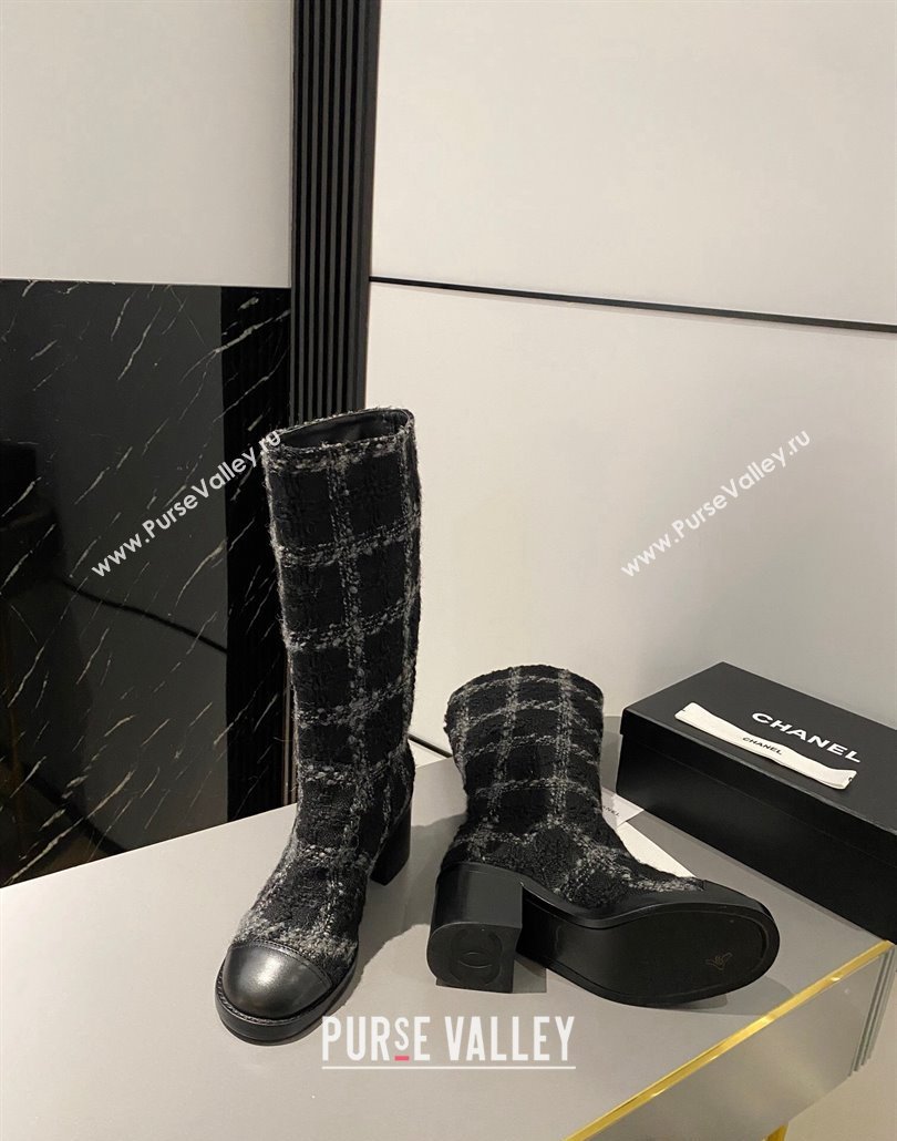 Chanel Heel 6.5cm CC Logo High Boots Tweed Check Gray 2024 (modeng-23120612)
