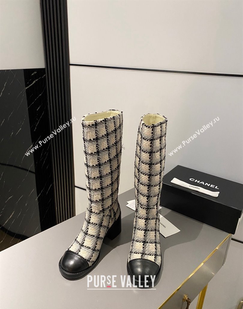 Chanel Heel 6.5cm CC Logo High Boots Tweed Check Beige 2024 (modeng-23120613)