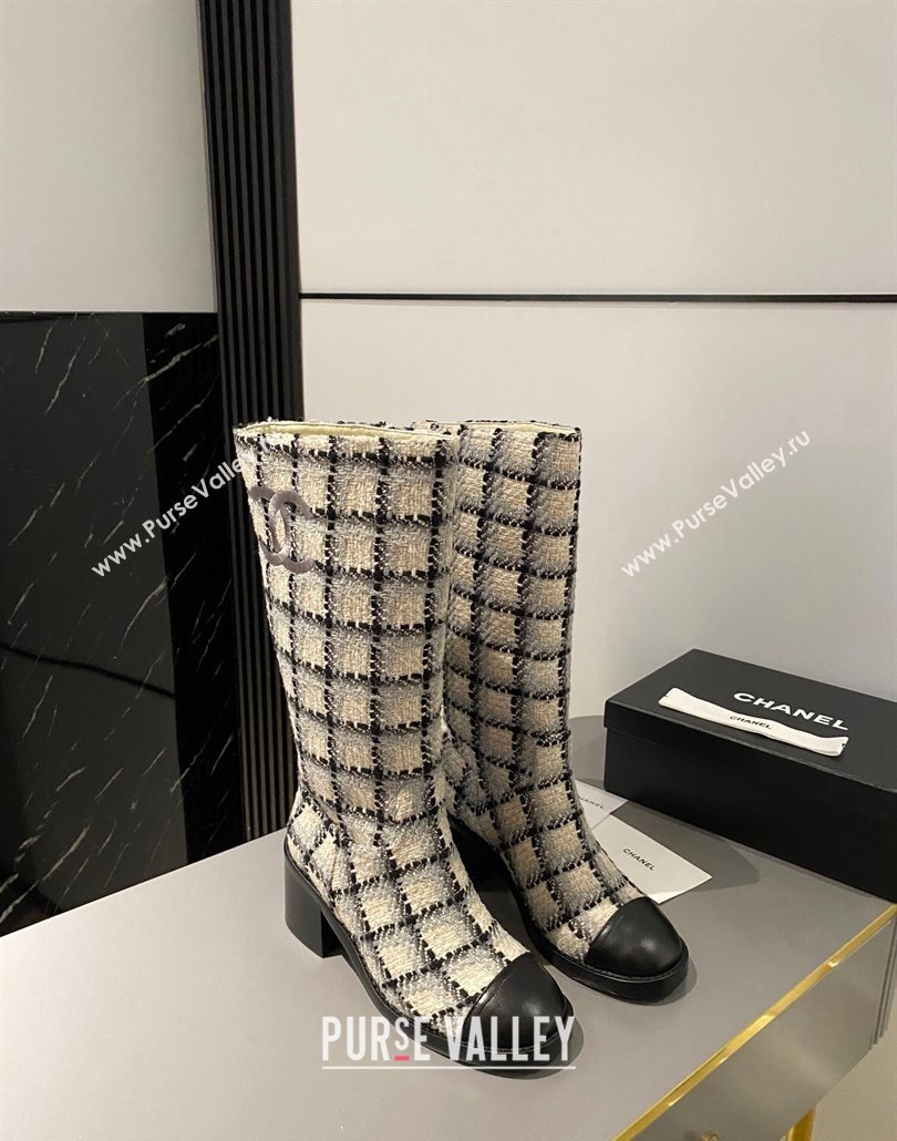 Chanel Heel 6.5cm CC Logo High Boots Tweed Check Beige 2024 (modeng-23120613)