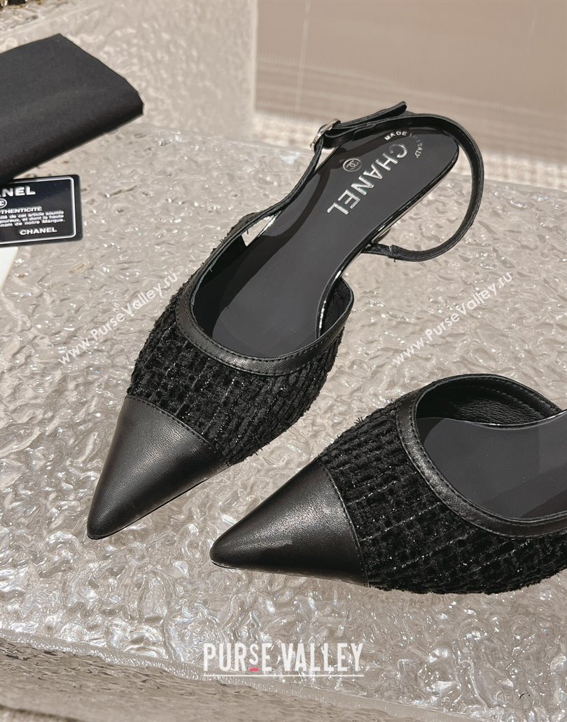 Chanel Heel 5cm Tweed and Leather Slingbacks Black 2024 (modeng-23120623)