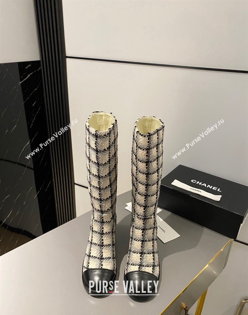 Chanel Heel 6.5cm CC Logo High Boots Tweed Check Beige 2024 (modeng-23120613)
