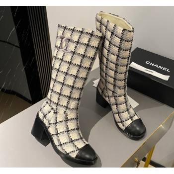 Chanel Heel 6.5cm CC Logo High Boots Tweed Check Beige 2024 (modeng-23120613)