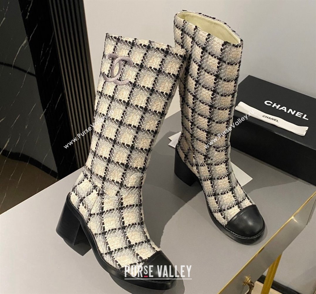 Chanel Heel 6.5cm CC Logo High Boots Tweed Check Beige 2024 (modeng-23120613)