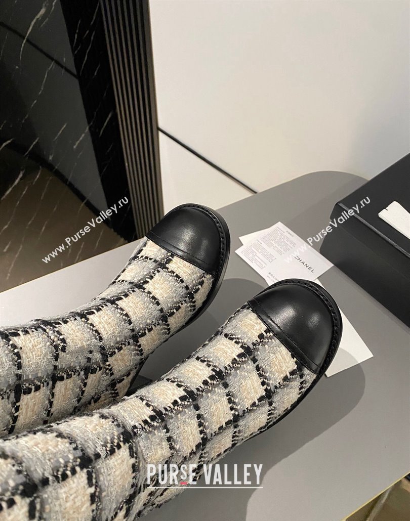 Chanel Heel 6.5cm CC Logo High Boots Tweed Check Beige 2024 (modeng-23120613)