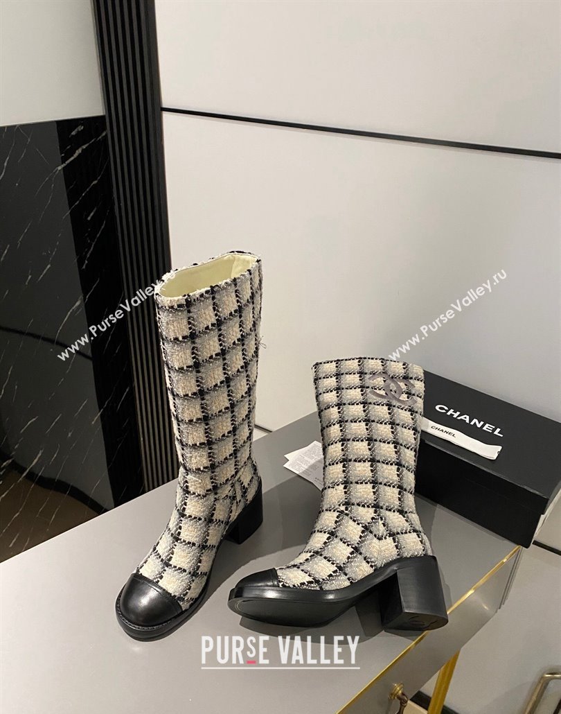 Chanel Heel 6.5cm CC Logo High Boots Tweed Check Beige 2024 (modeng-23120613)