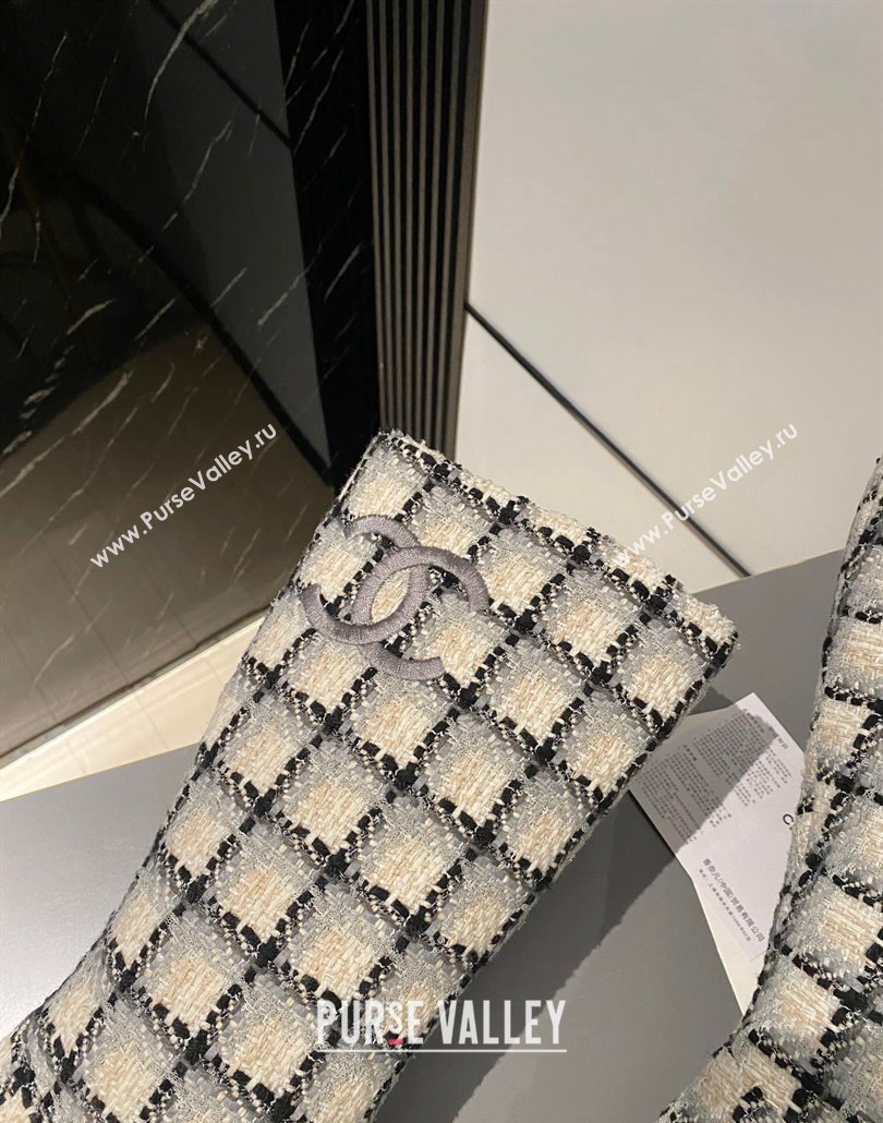 Chanel Heel 6.5cm CC Logo High Boots Tweed Check Beige 2024 (modeng-23120613)