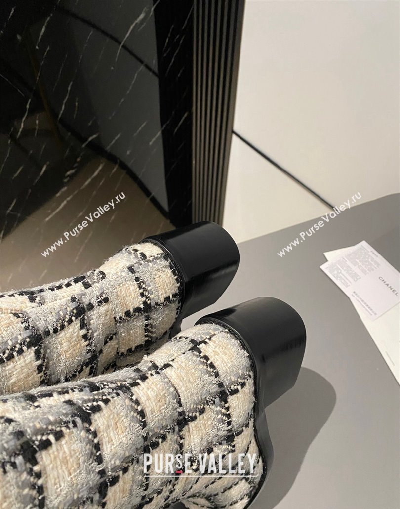 Chanel Heel 6.5cm CC Logo High Boots Tweed Check Beige 2024 (modeng-23120613)