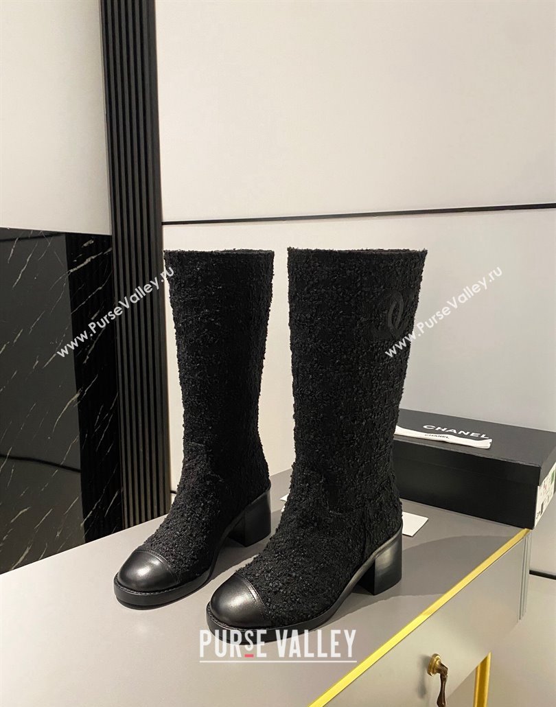 Chanel Heel 6.5cm CC Logo High Boots Tweed Black 2024 (modeng-23120614)