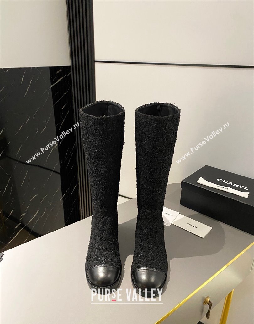Chanel Heel 6.5cm CC Logo High Boots Tweed Black 2024 (modeng-23120614)