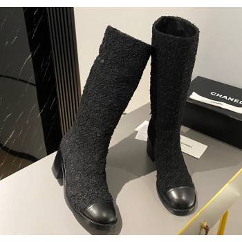 Chanel Heel 6.5cm CC Logo High Boots Tweed Black 2024 (modeng-23120614)
