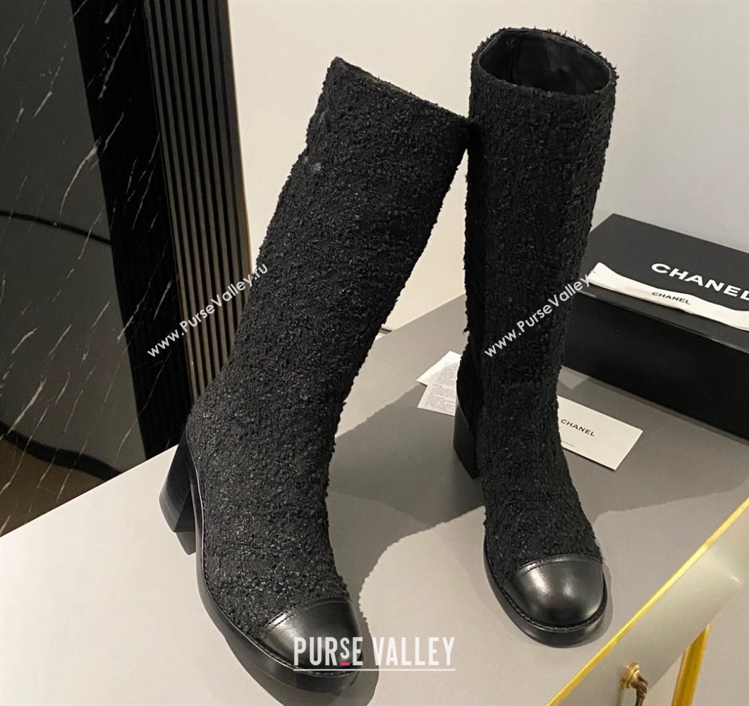 Chanel Heel 6.5cm CC Logo High Boots Tweed Black 2024 (modeng-23120614)
