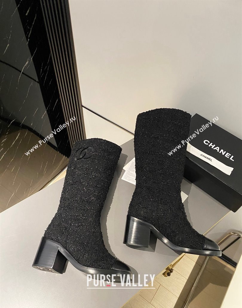 Chanel Heel 6.5cm CC Logo High Boots Tweed Black 2024 (modeng-23120614)