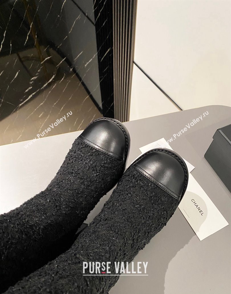 Chanel Heel 6.5cm CC Logo High Boots Tweed Black 2024 (modeng-23120614)