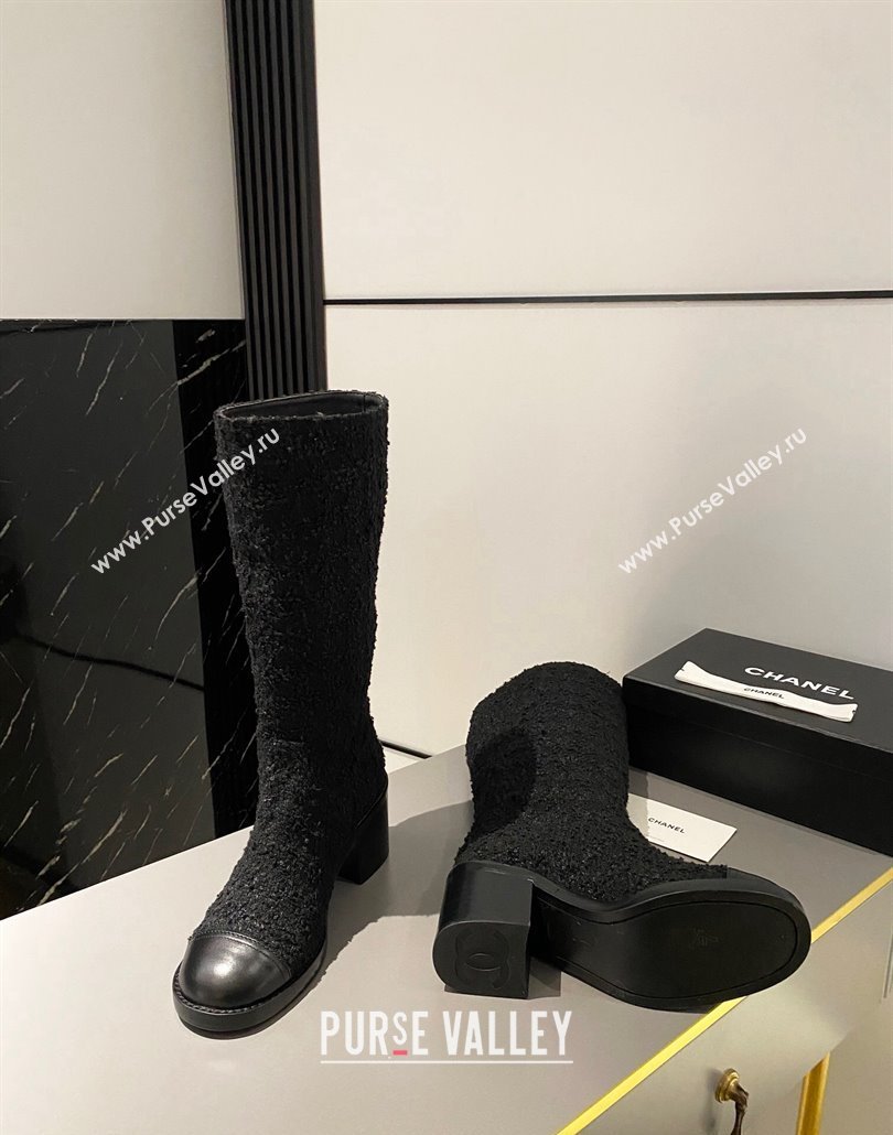 Chanel Heel 6.5cm CC Logo High Boots Tweed Black 2024 (modeng-23120614)