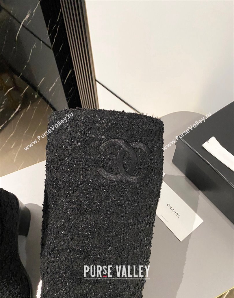 Chanel Heel 6.5cm CC Logo High Boots Tweed Black 2024 (modeng-23120614)