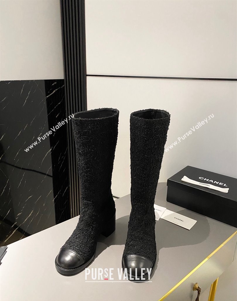 Chanel Heel 6.5cm CC Logo High Boots Tweed Black 2024 (modeng-23120614)