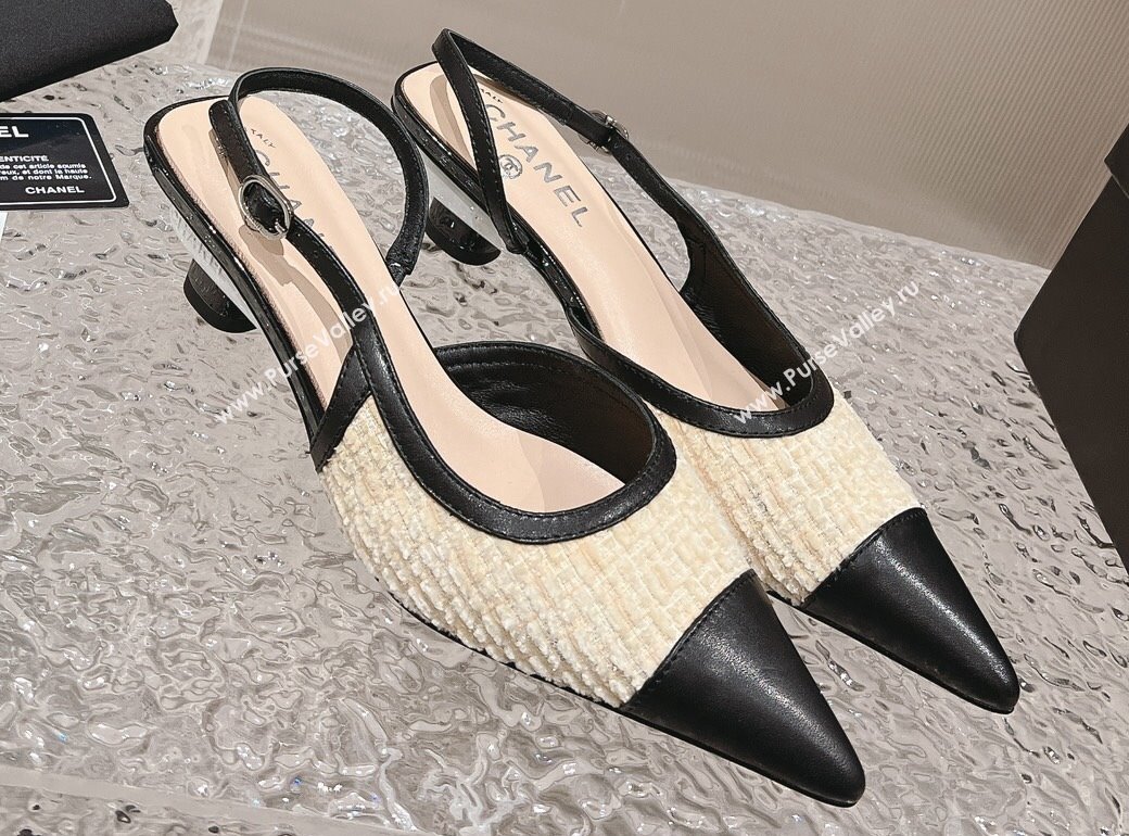 Chanel Heel 5cm Tweed and Leather Slingbacks Beige 2024 (modeng-23120625)