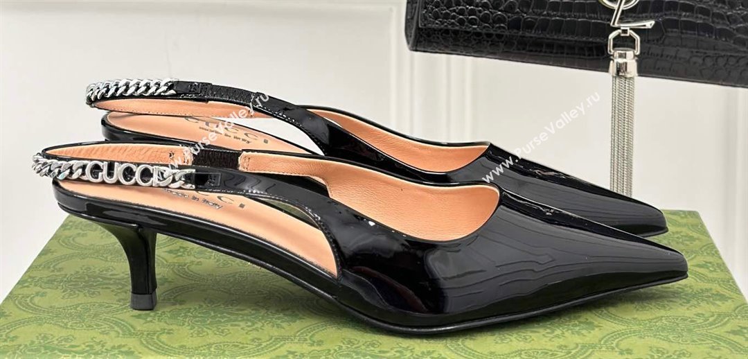 Gucci Heel 4.5cm patent leather Signoria slingback pumps 782832 Black 2024 (modeng-23120760)