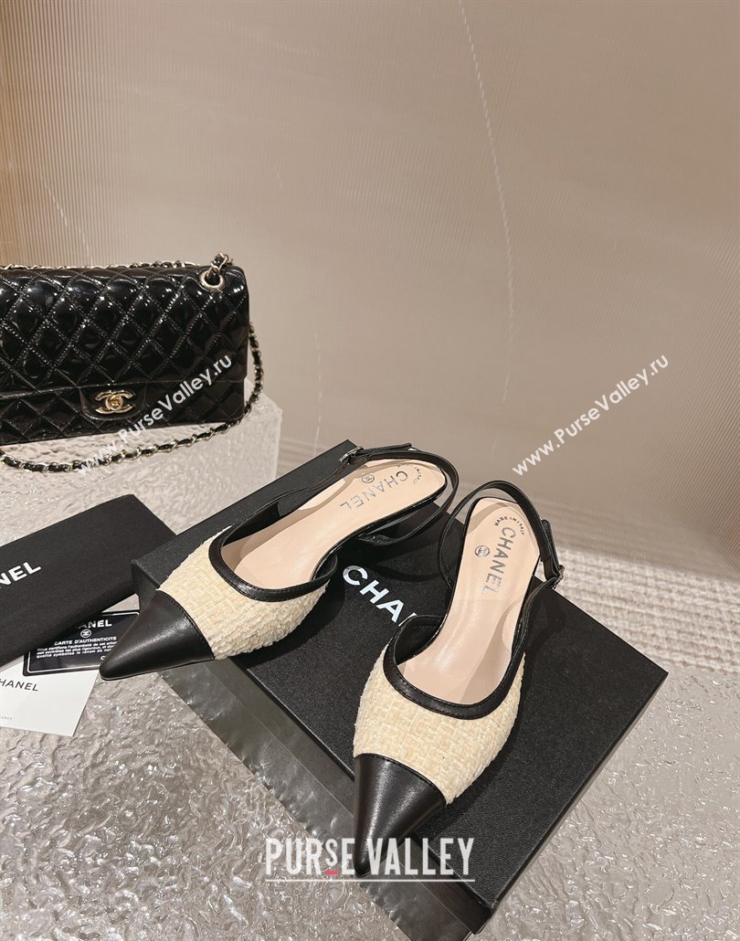Chanel Heel 5cm Tweed and Leather Slingbacks Beige 2024 (modeng-23120625)
