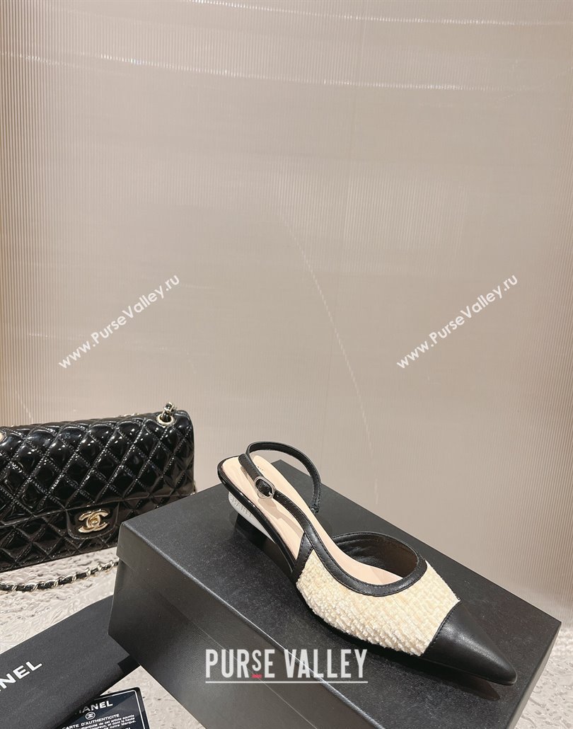Chanel Heel 5cm Tweed and Leather Slingbacks Beige 2024 (modeng-23120625)