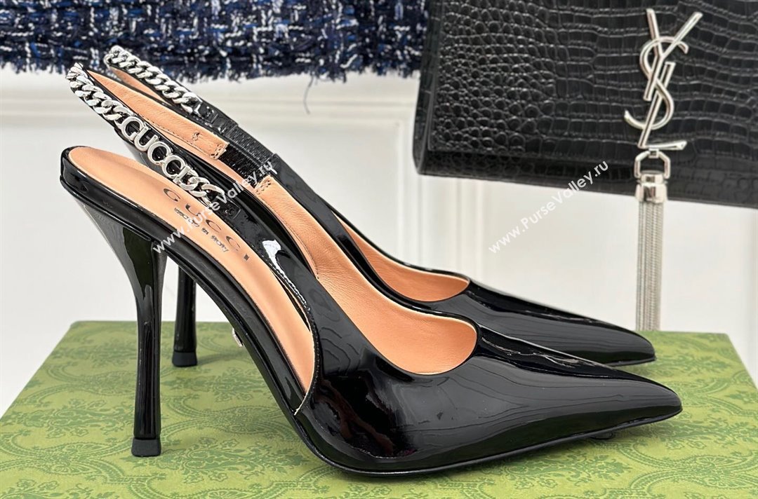 Gucci Heel 10cm patent leather Signoria slingback pumps 783821 Black 2024 (modeng-23120766)