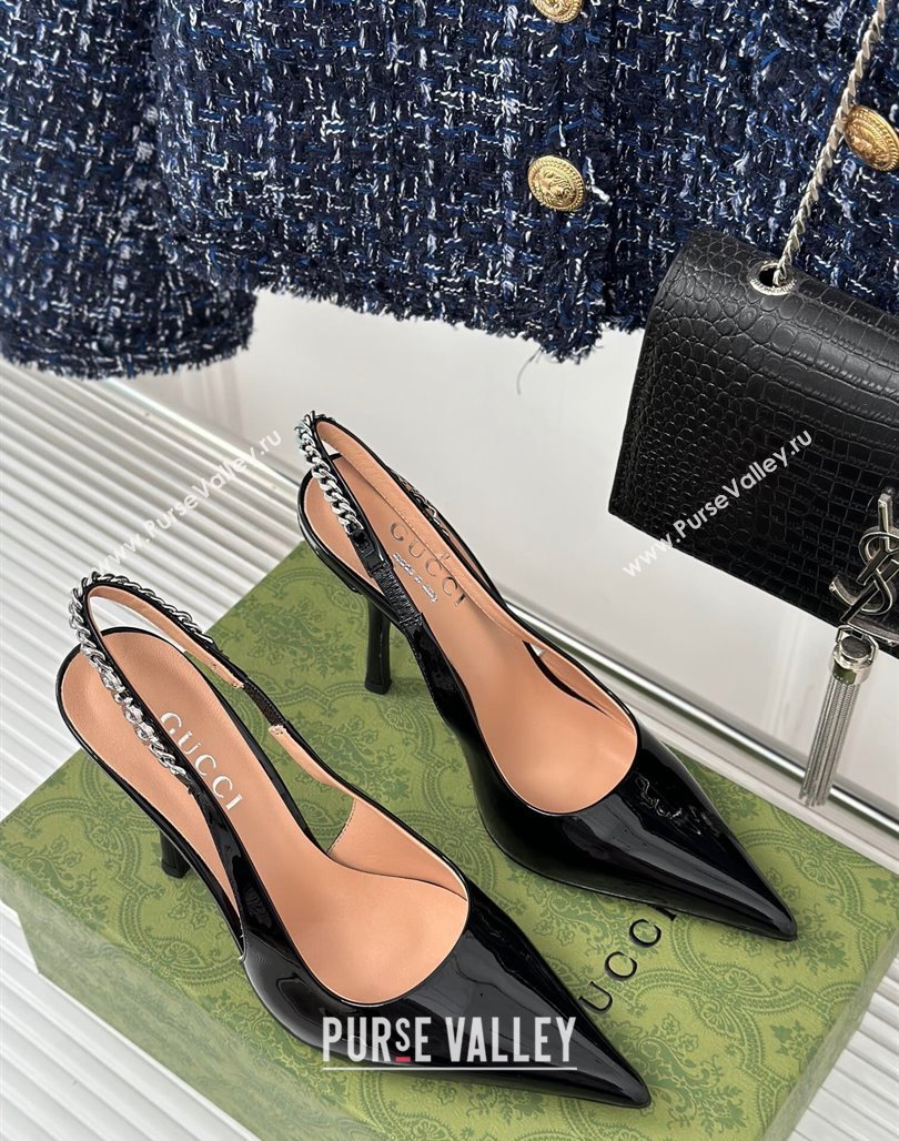 Gucci Heel 10cm patent leather Signoria slingback pumps 783821 Black 2024 (modeng-23120766)