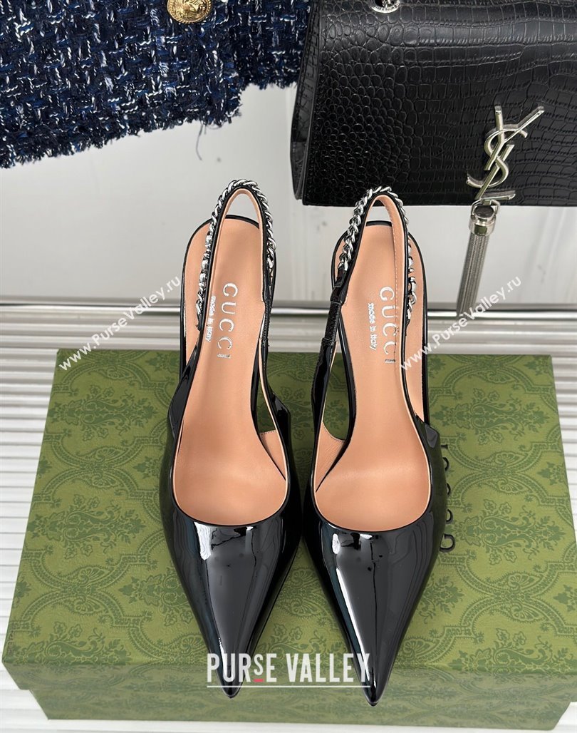 Gucci Heel 10cm patent leather Signoria slingback pumps 783821 Black 2024 (modeng-23120766)