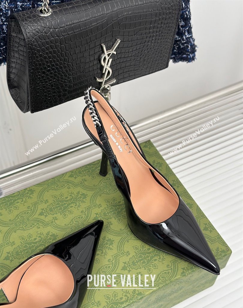 Gucci Heel 10cm patent leather Signoria slingback pumps 783821 Black 2024 (modeng-23120766)
