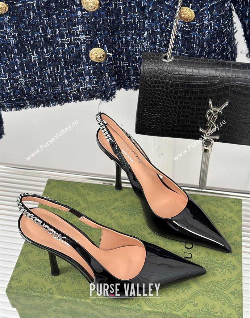 Gucci Heel 10cm patent leather Signoria slingback pumps 783821 Black 2024 (modeng-23120766)