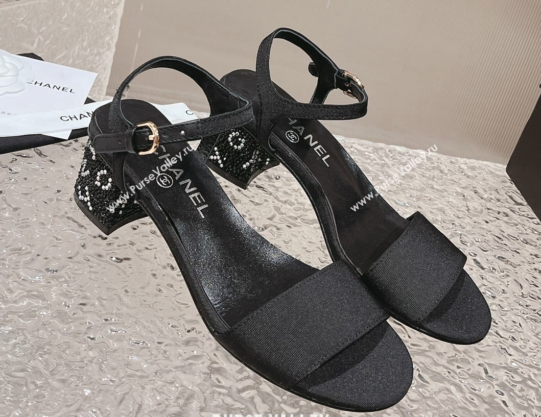 Chanel Heel 5cm Grosgrain Strass Sandals G45365 Black 2024 (modeng-23120616)