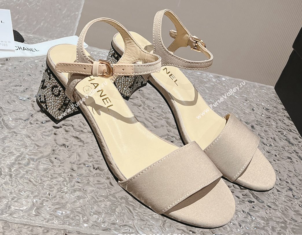 Chanel Heel 5cm Grosgrain Strass Sandals G45365 Beige 2024 (modeng-23120618)