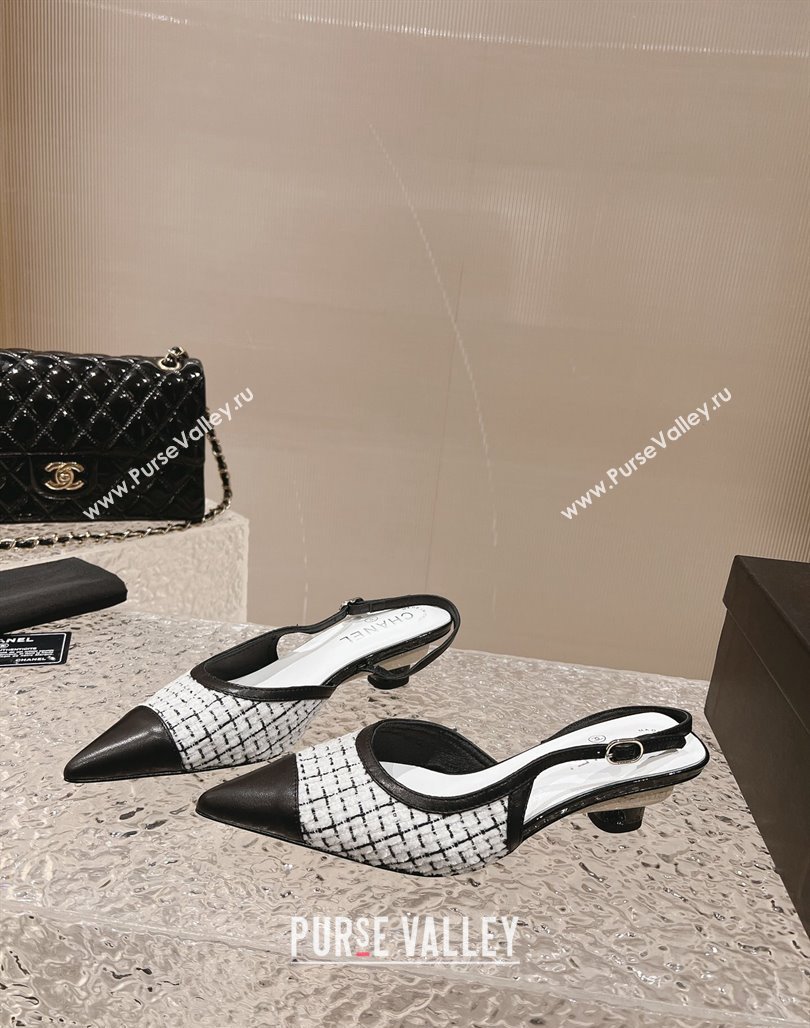 Chanel Heel 5cm Tweed and Leather Slingbacks White 2024 (modeng-23120624)