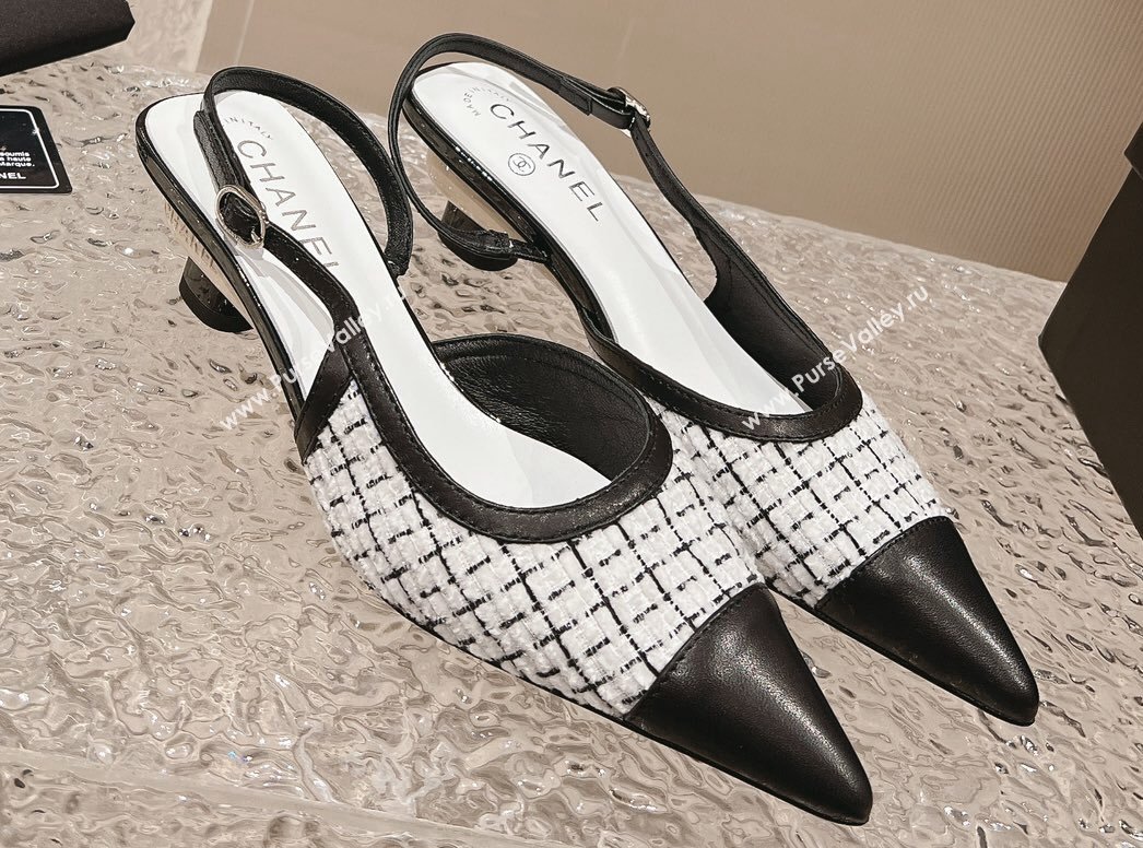 Chanel Heel 5cm Tweed and Leather Slingbacks White 2024 (modeng-23120624)