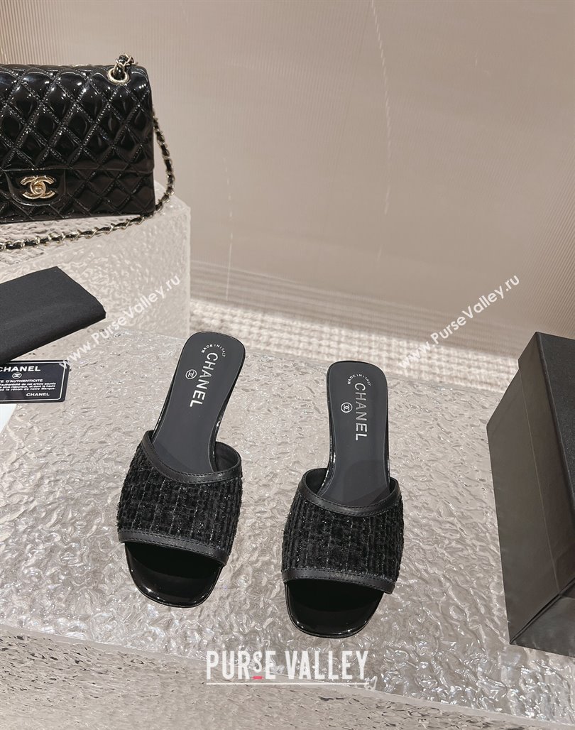 Chanel Heel 5cm Tweed and Leather Mules Black 2024 (modeng-23120626)