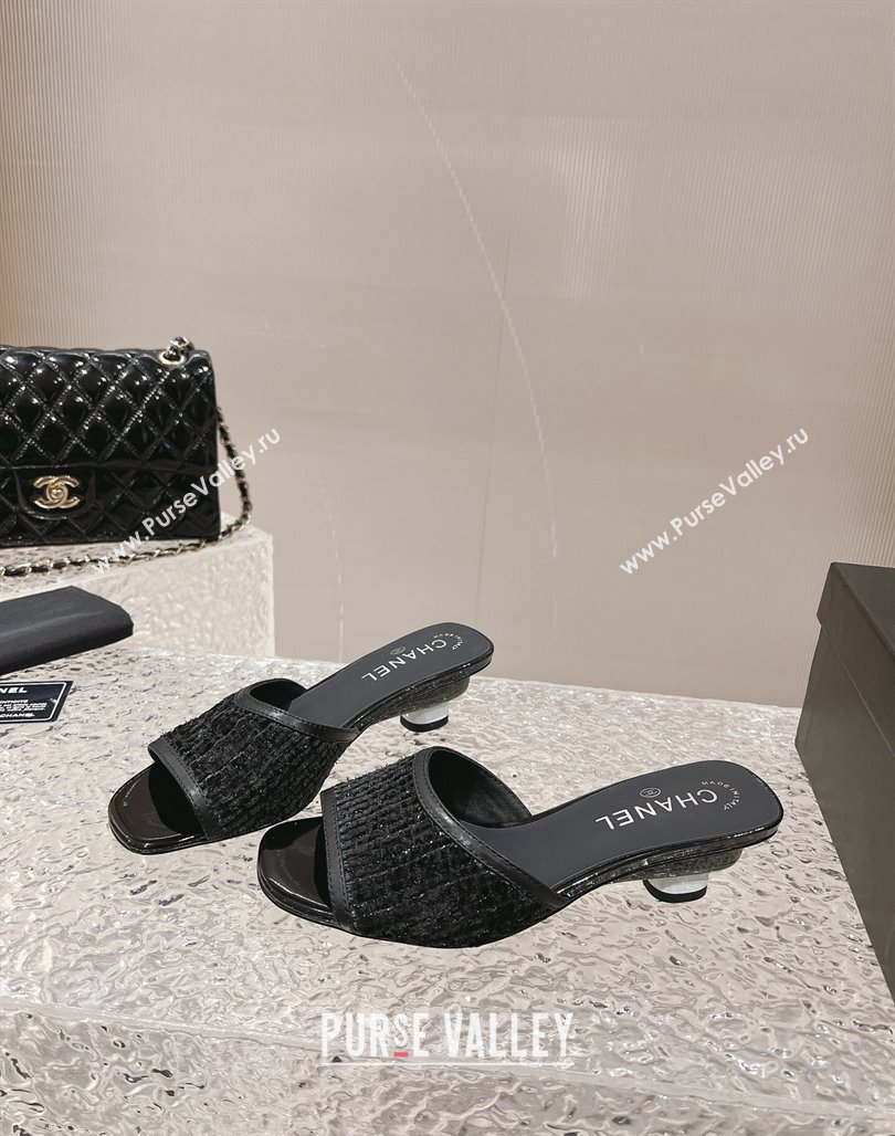 Chanel Heel 5cm Tweed and Leather Mules Black 2024 (modeng-23120626)