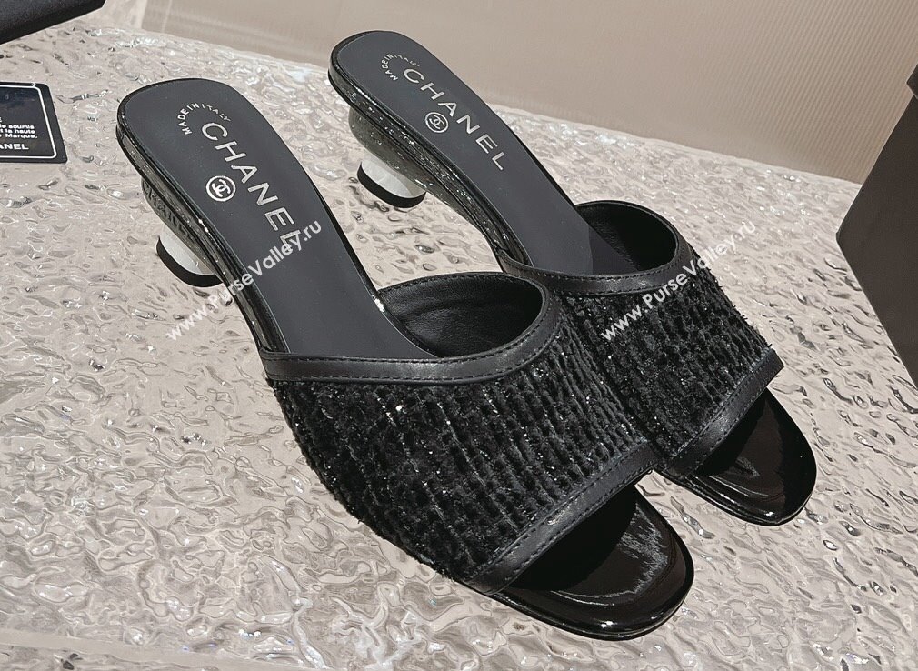 Chanel Heel 5cm Tweed and Leather Mules Black 2024 (modeng-23120626)