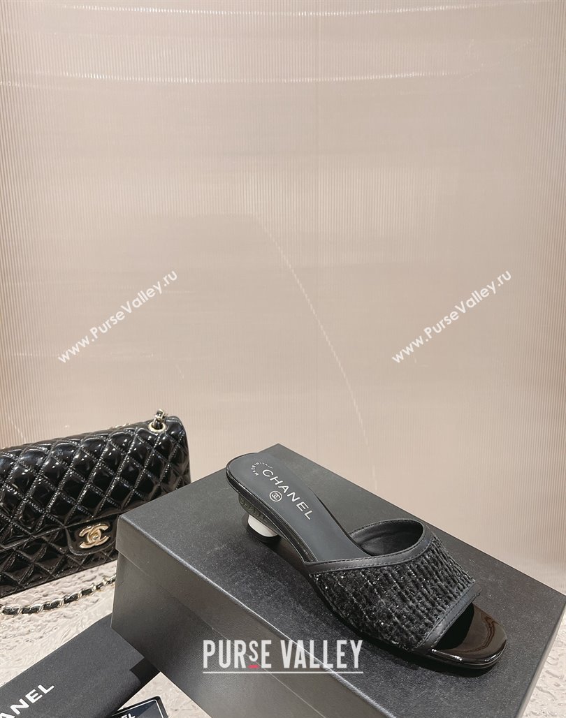 Chanel Heel 5cm Tweed and Leather Mules Black 2024 (modeng-23120626)