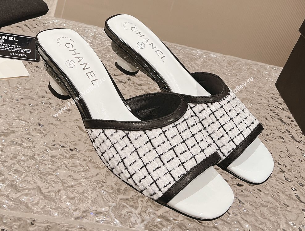 Chanel Heel 5cm Tweed and Leather Mules White 2024 (modeng-23120627)