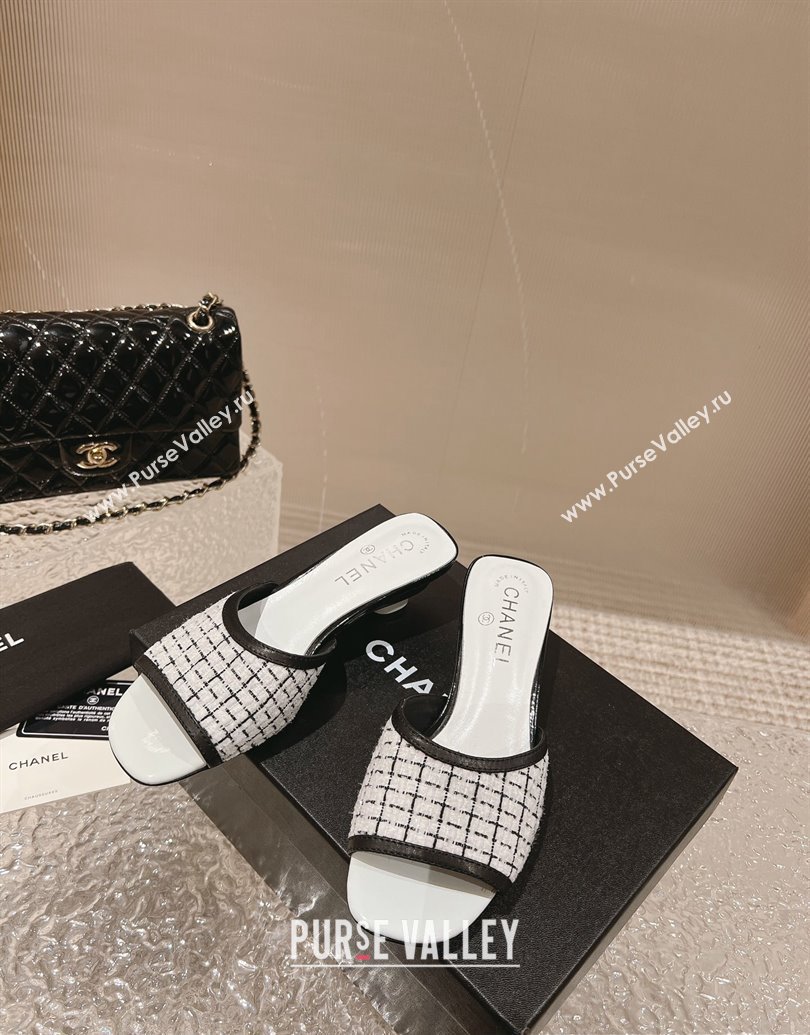 Chanel Heel 5cm Tweed and Leather Mules White 2024 (modeng-23120627)