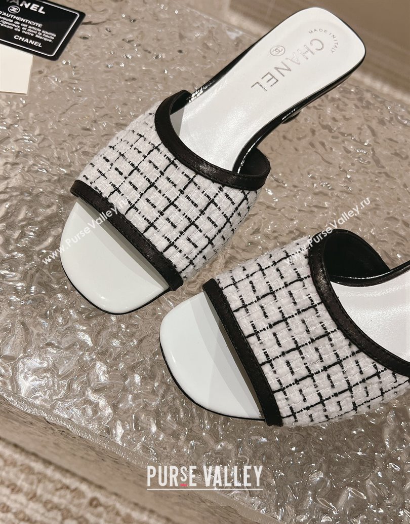 Chanel Heel 5cm Tweed and Leather Mules White 2024 (modeng-23120627)