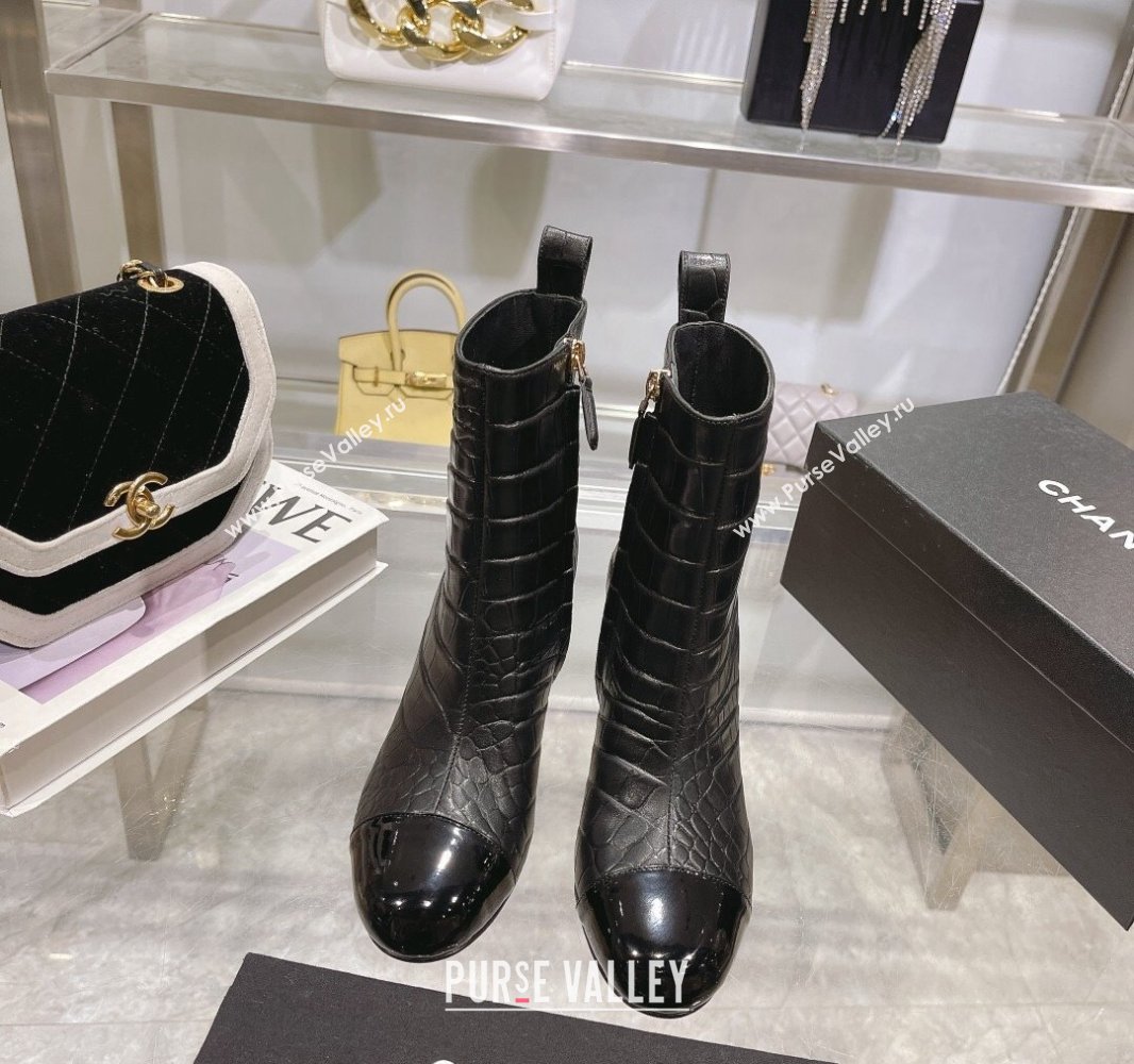 Chanel Heel 7.5cm Croco Pattern and Patent Calfskin Ankle Boots Black 2024 (modeng-23120608)