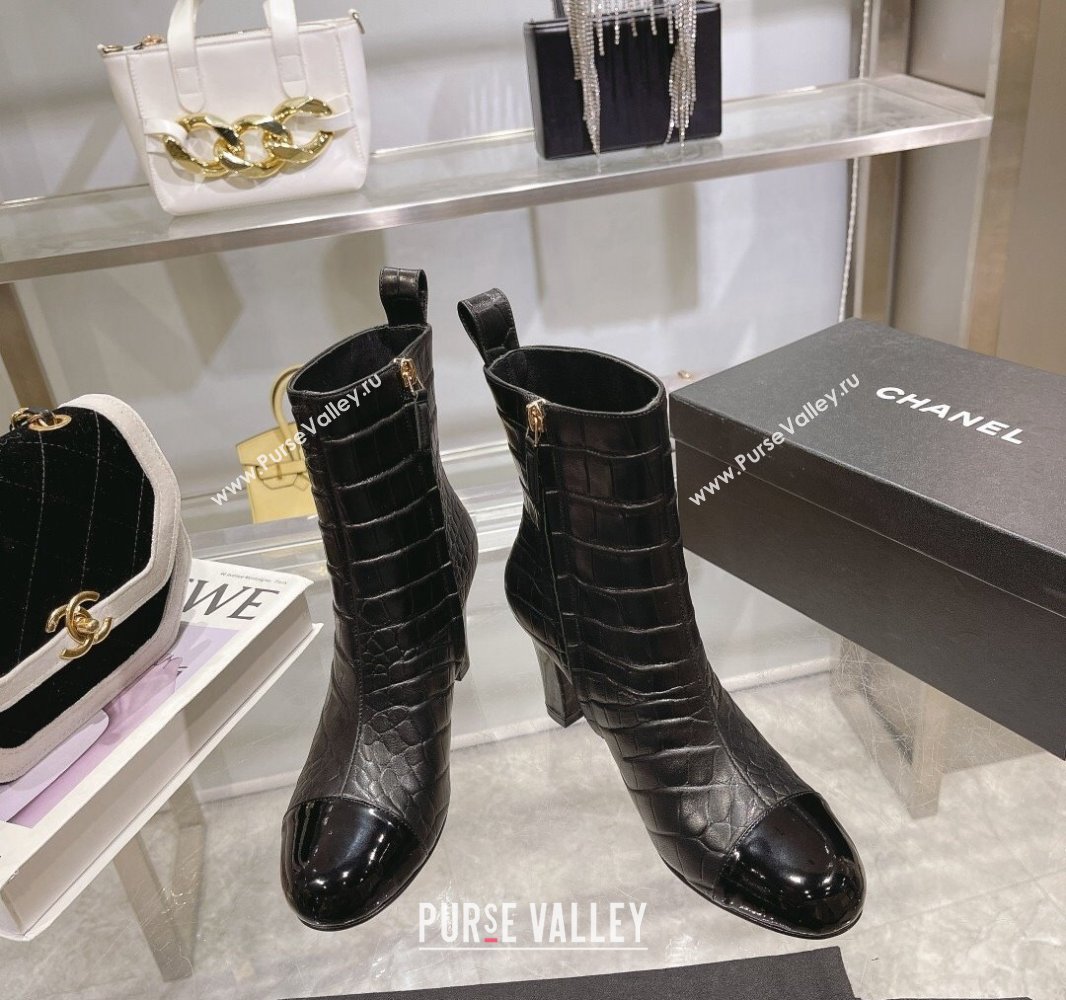 Chanel Heel 7.5cm Croco Pattern and Patent Calfskin Ankle Boots Black 2024 (modeng-23120608)
