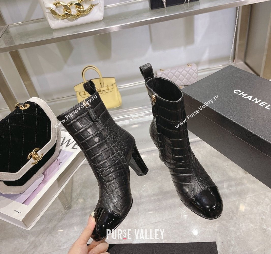 Chanel Heel 7.5cm Croco Pattern and Patent Calfskin Ankle Boots Black 2024 (modeng-23120608)